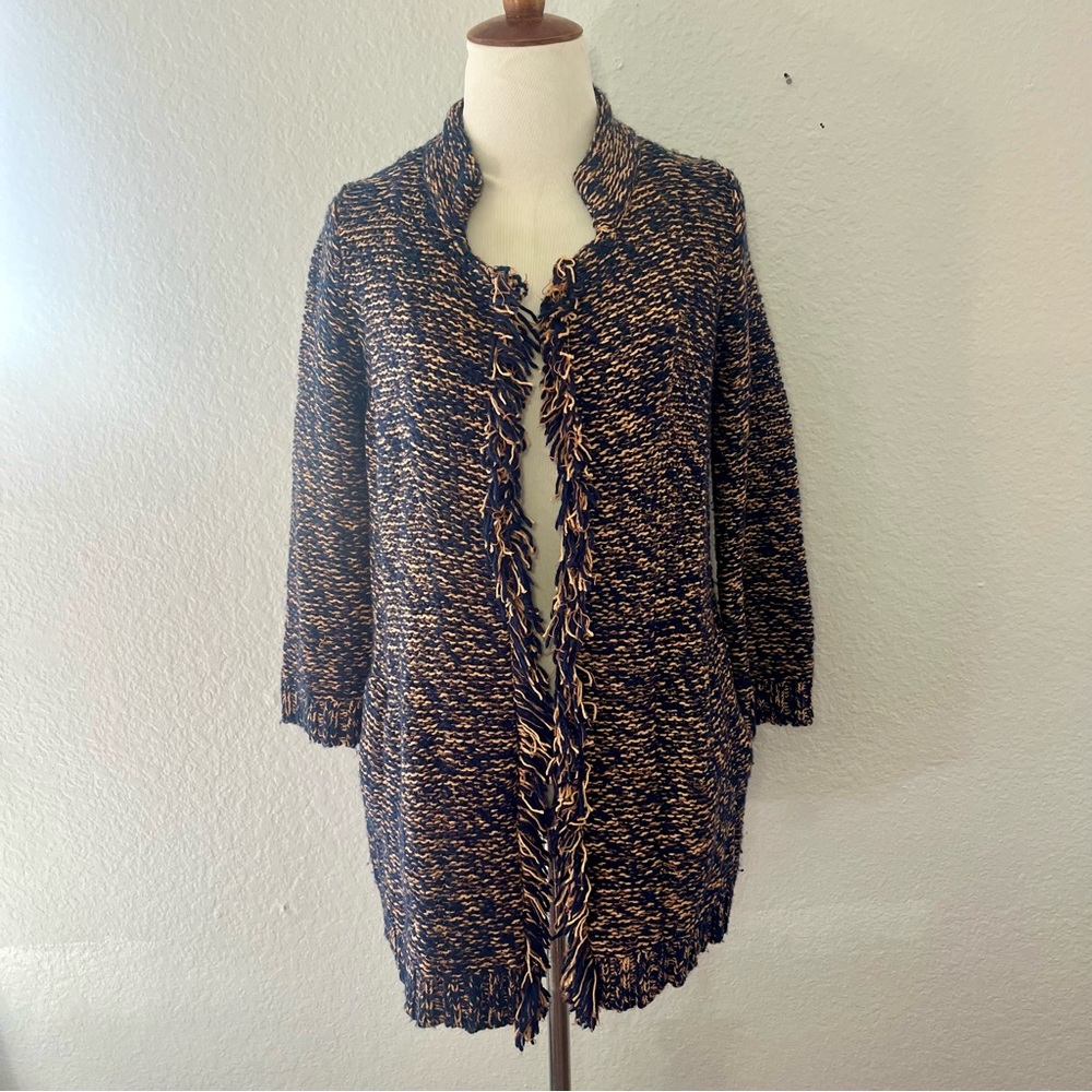 Anthropologie Sparrow Marled Peat Open Fringe Cardigan Knit Sweater Navy Small